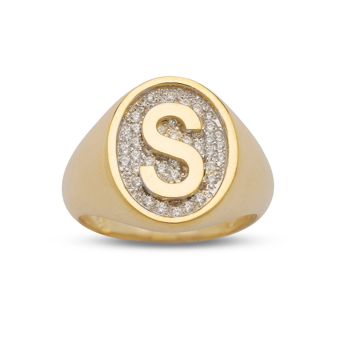 Initial Oval Signet Gold Ring with Diamonds/CZ Stones