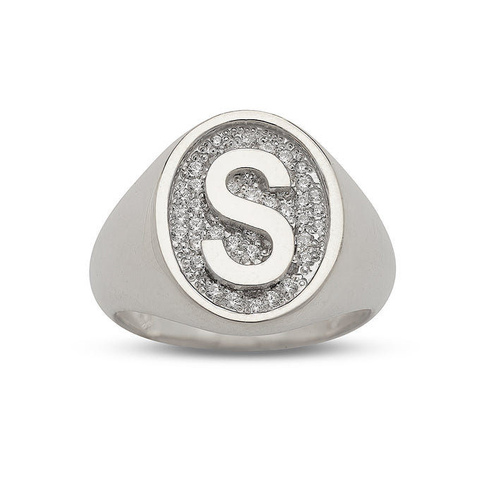 Initial Oval Signet .925 Sterling Silver Ring with CZ Stones