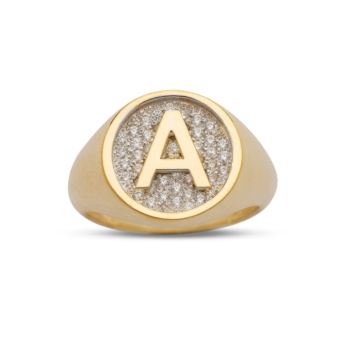Initial Round Signet Gold Ring with Diamonds/CZ Stones