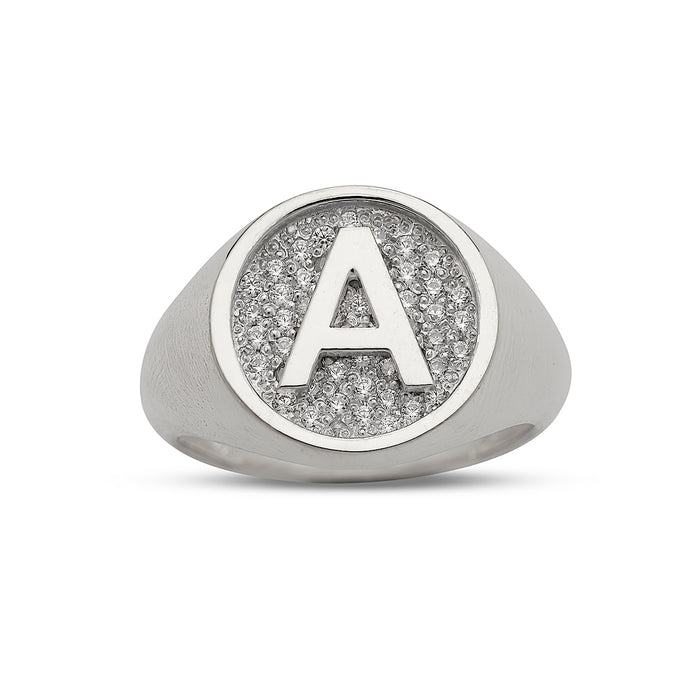 Initial Round Signet .925 Sterling Silver Ring with CZ Stones
