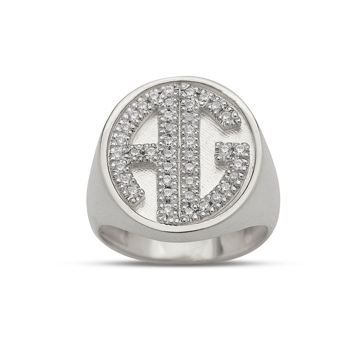 Block Initials Signet .925 Sterling Silver Ring with CZ Stones