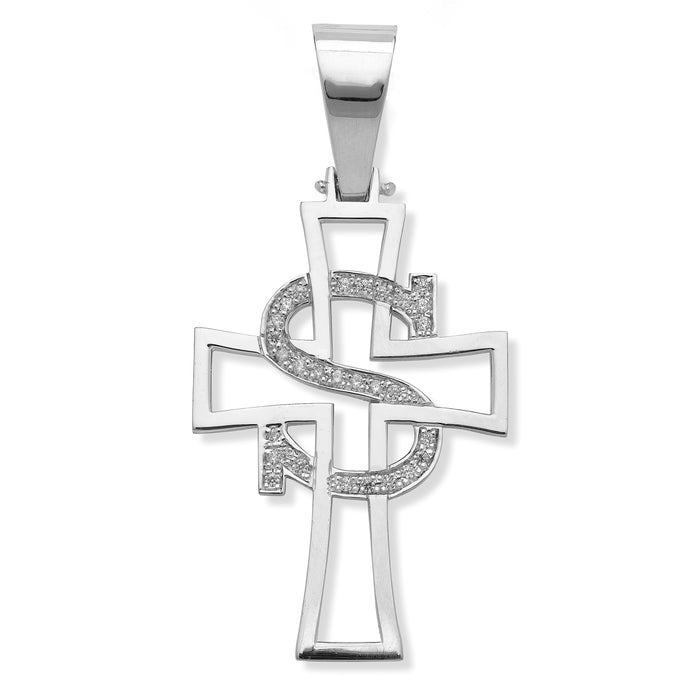 Cross with Initial .925 Sterling Silver Pendant with CZ Stone