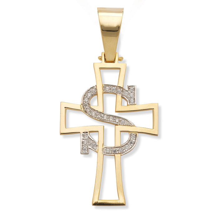 Cross with Initial Gold Pendant with Diamonds/CZ Stone