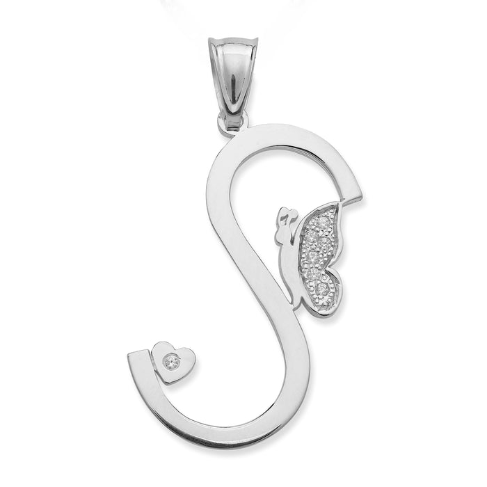 Initial and Butterfly .925 Sterling Silver Pendant with CZ Stone