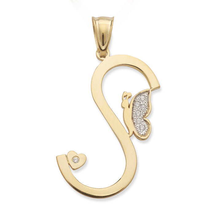 Initial and Butterfly Gold Pendant with Diamonds / CZ Stone