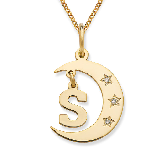 Initial and Moon Gold Necklace with Diamonds / CZ Stone