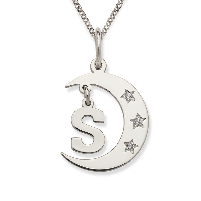 Initial and Moon .925 Sterling Silver Necklace with CZ Stone