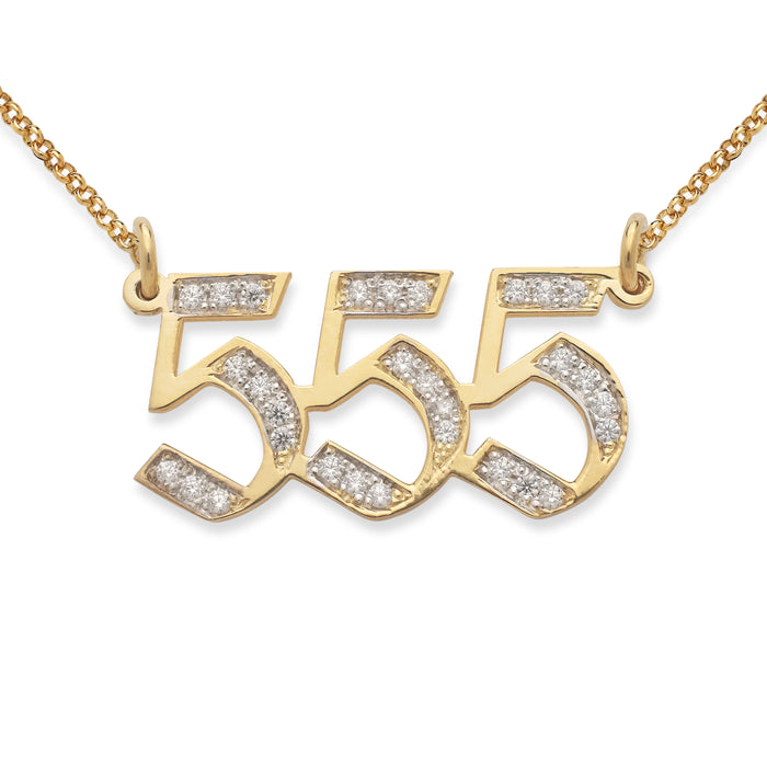 Block Numeral Gold Nameplate Necklace with Diamonds/CZ Stone