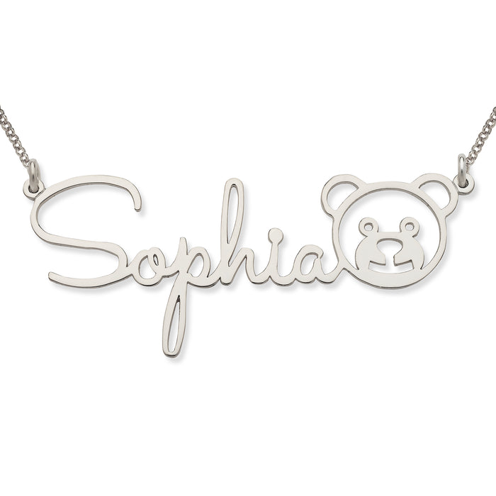 Cursive 925 Sterling Silver Nameplate with Teddy Necklace