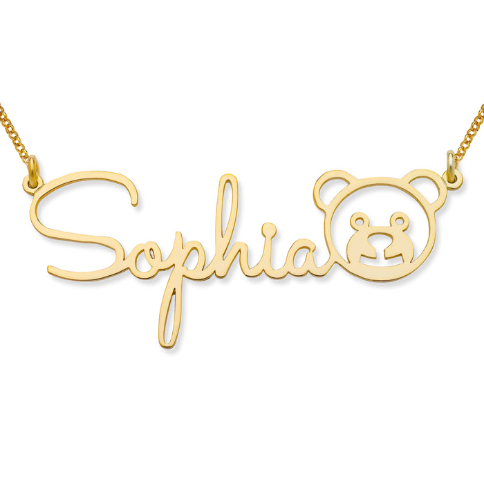 Cursive Gold Nameplate with Teddy Necklace
