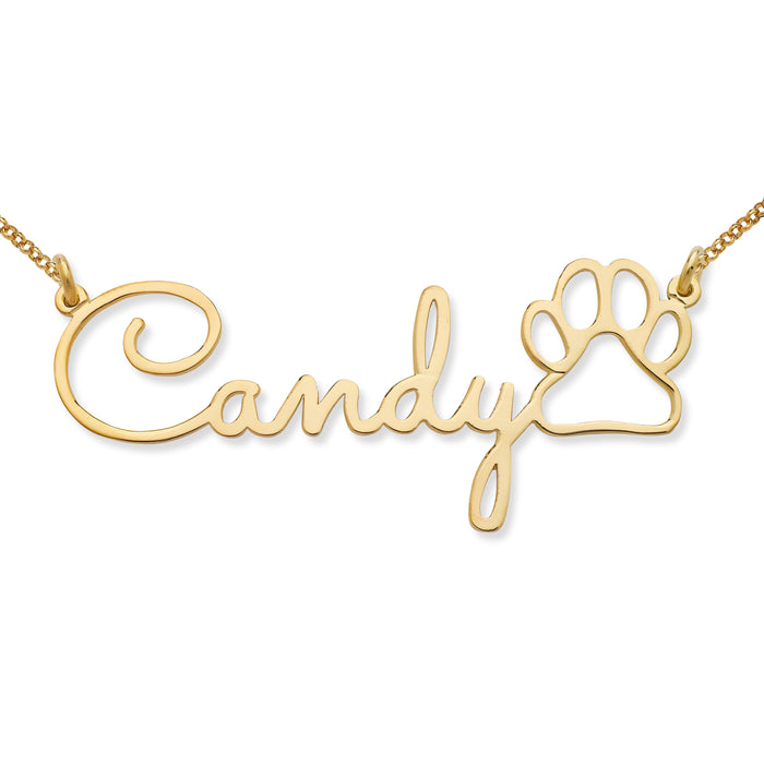 Cursive Gold Nameplate with Dog Paw Necklace