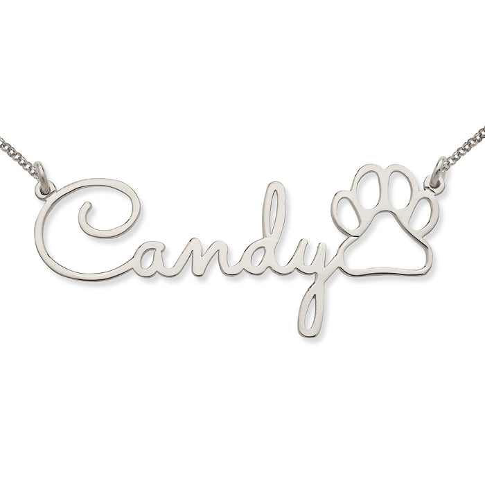 Cursive 925 Sterling Silver Nameplate with Dog Paw Necklace
