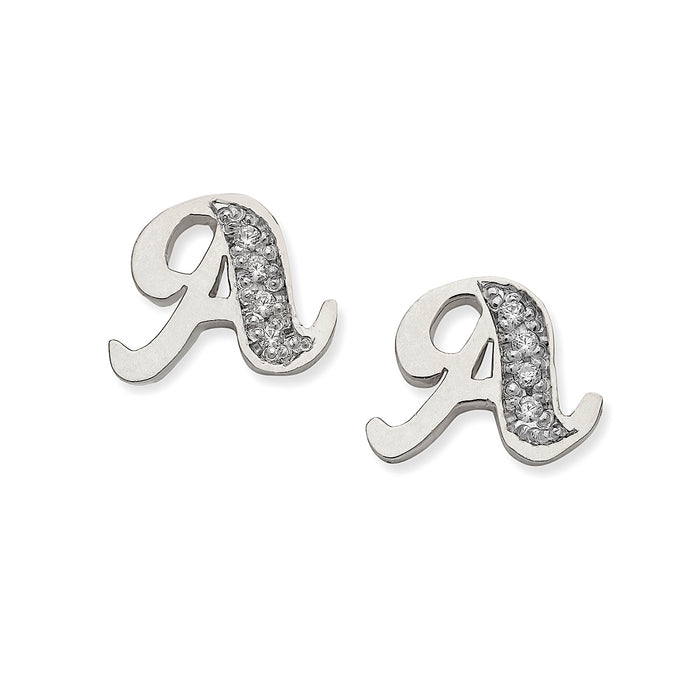 Script Initial .925 Sterling Silver Stud Earrings with CZ Stones
