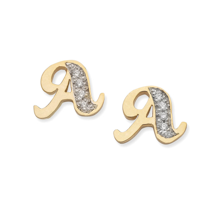 Script Initial Gold Stud Earrings with Diamonds/CZ Stones