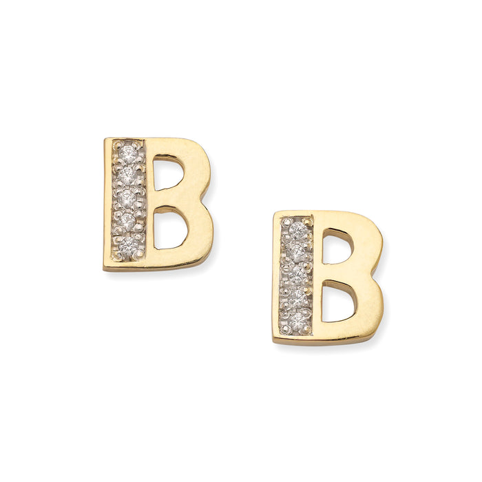 Block Initial Gold Stud Earrings with Diamonds/CZ Stones