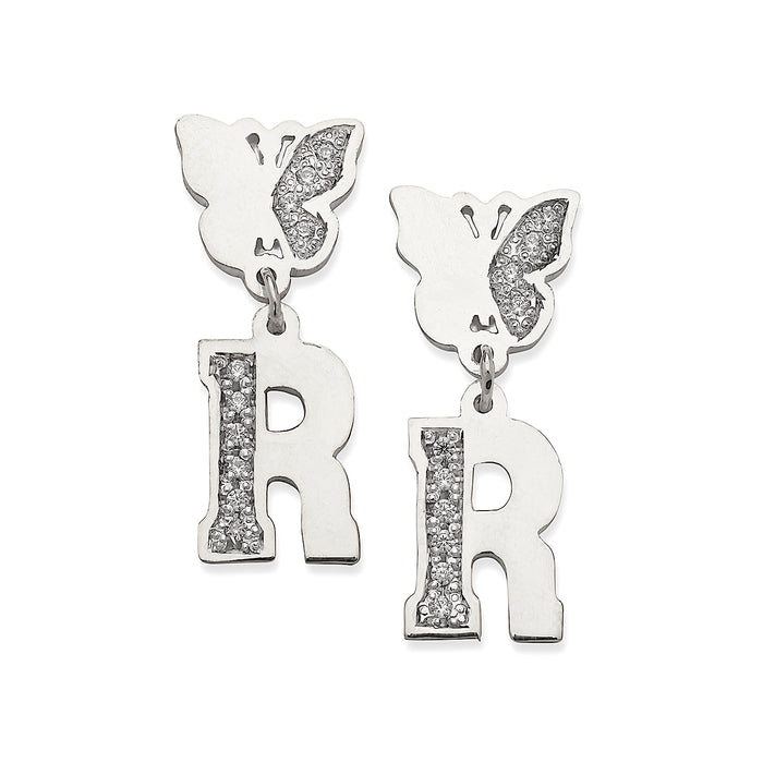 Initial and Butterfly .925 Sterling Silver Stud Earrings with CZ Stones