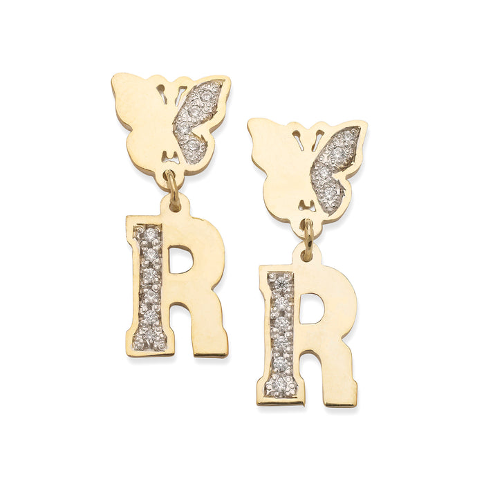 Initial and Butterfly Gold Stud Earrings with Diamonds/CZ Stones