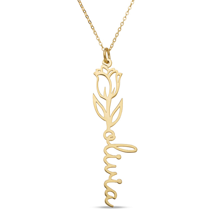 Birth Flower Gold Nameplate Necklace