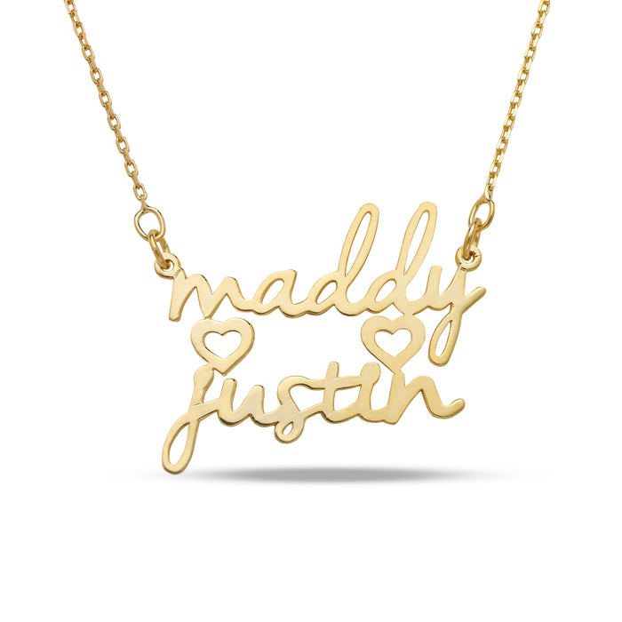 Two Names with Two Hearts Gold Nameplate Necklace