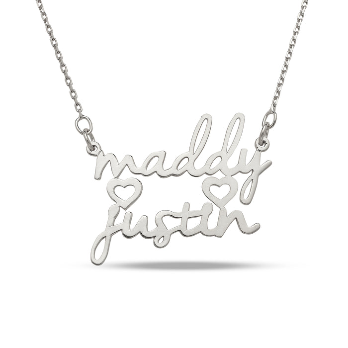 Two Names with Two Hearts 925 Sterling Silver Nameplate Necklace