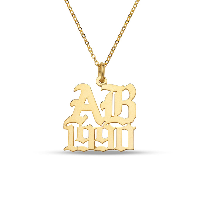 Gothic Initials with Date Gold Nameplate Necklace