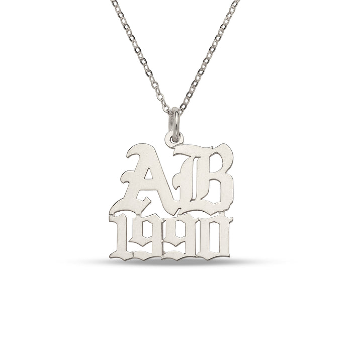 Gothic Initials with Date 925 Sterling Silver Nameplate Necklace