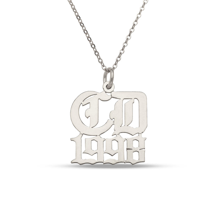 Gothic Initials with Date 925 Sterling Silver Nameplate Necklace