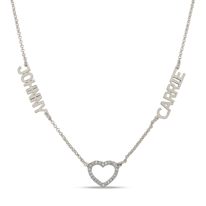 Two Names between Heart .925 Sterling Silver Necklace with CZ stones