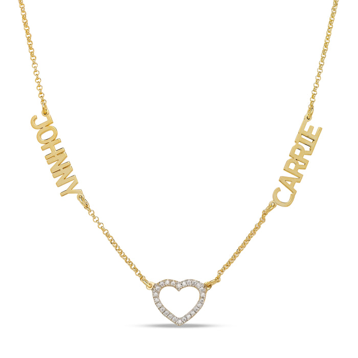 Two Names between Heart Gold Necklace with Diamonds/CZ stones