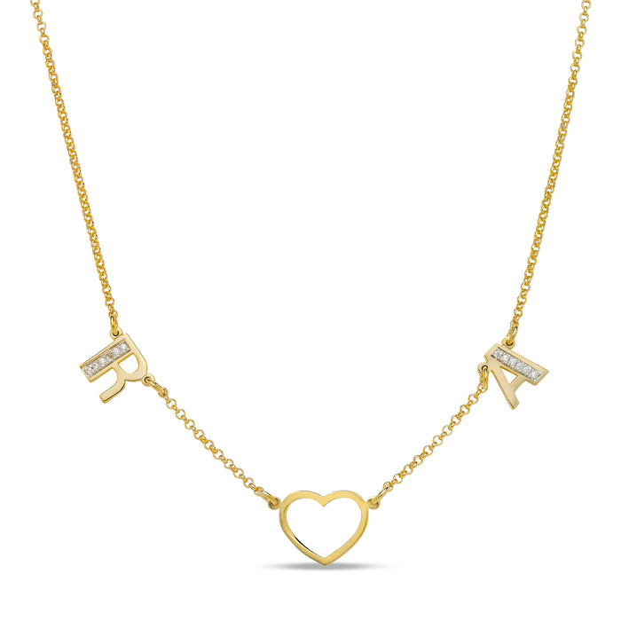 Two Initials between Heart Gold Necklace with Diamonds/CZ stones