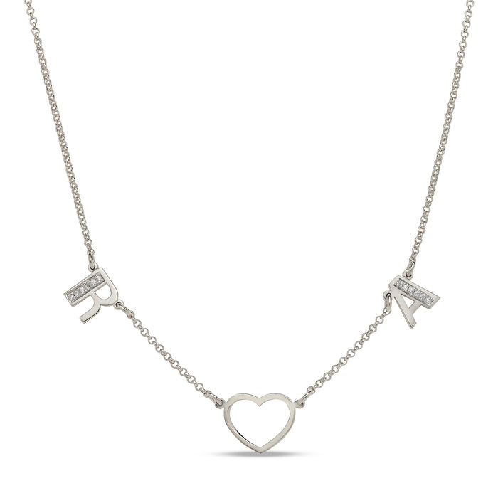 Two Initials between Heart .925 Sterling Silver Necklace with CZ stones