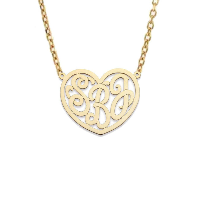 Heart Three Initial Monogram Gold Necklace - Bargain Bazaar Jewelry