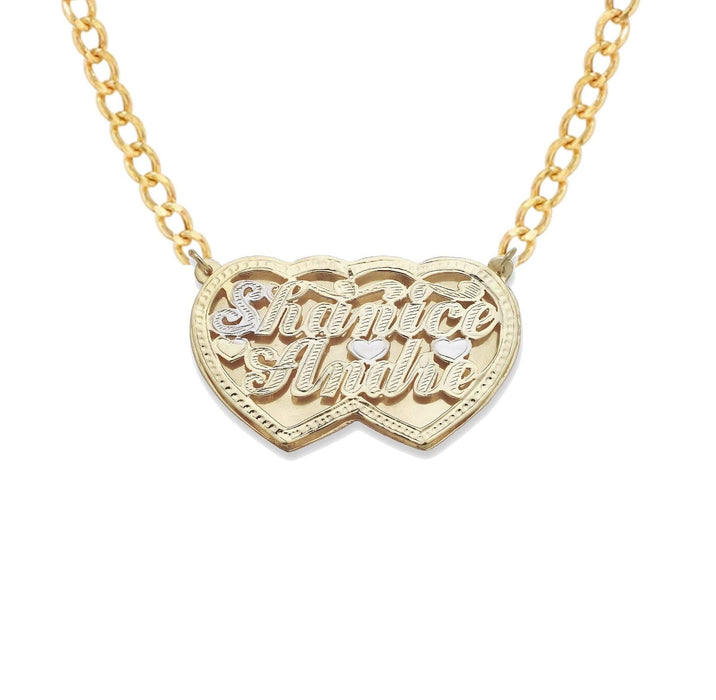 Hearts Gold Two Names Script Diamond Cut Double Nameplate Necklace - Bargain Bazaar Jewelry