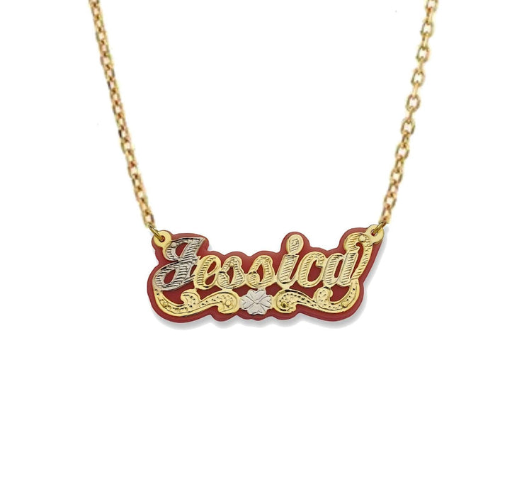 Red Onyx Diamond Cut Script Gold Nameplate Necklace