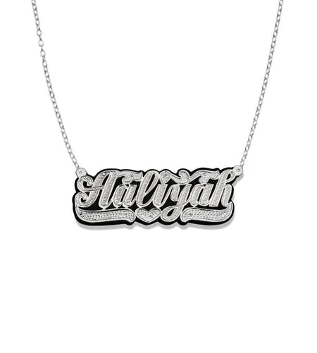 Large Black Onyx Script 925 Sterling Silver Nameplate Necklace - Bargain Bazaar Jewelry