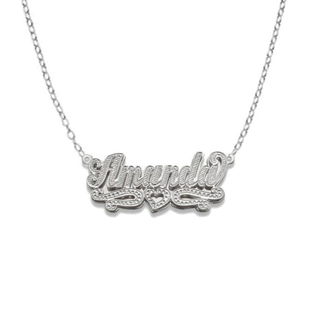 Script with Heart. 925 Sterling Silver Double Nameplate Necklace