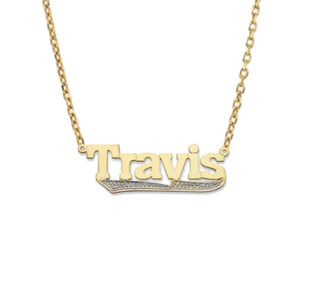 Block Gold Nameplate Necklace. The necklace is available in 10K and 14K Gold with rolo chain (16", 18"). The approximate weight is: - 3gr in Large size - 2gr in Small size. 