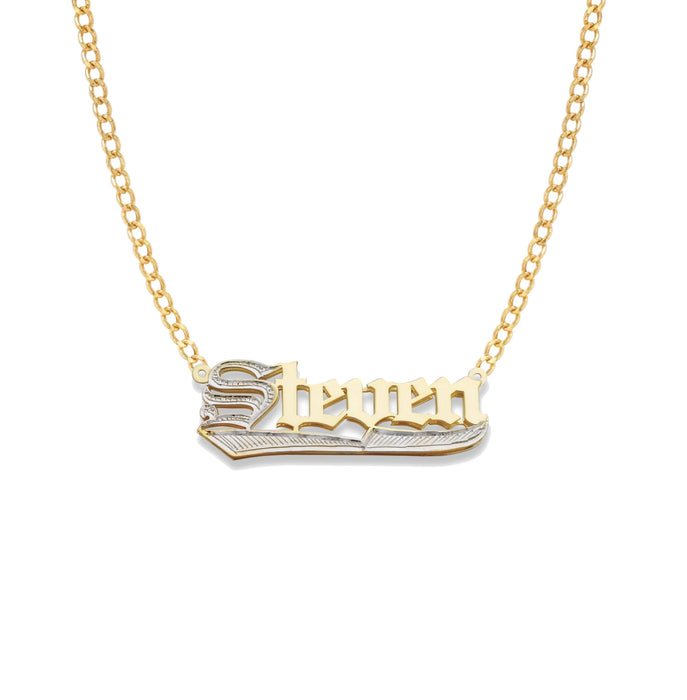 Gothic Gold Double Nameplate Necklace. The necklace is available in 10K and 14K Gold with Cuban link chain (16", 18"). The approximate weight is: - 7.5gr in Large size - 6gr in Small size