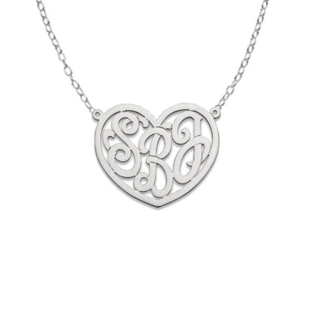 Heart Three Initial Monogram. 925 Sterling Silver Necklace