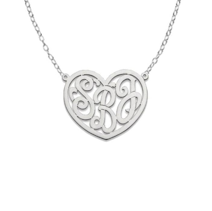 Heart Three Initial Monogram. 925 Sterling Silver Necklace