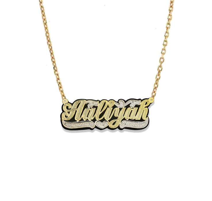 Large Black Onyx Diamond Cut Script Gold Nameplate Necklace - Bargain Bazaar Jewelry