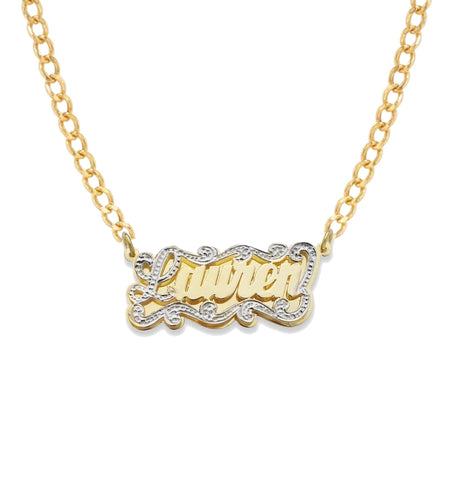 Script Gold Double Nameplate with Design on Top Necklace - Bargain Bazaar Jewelry