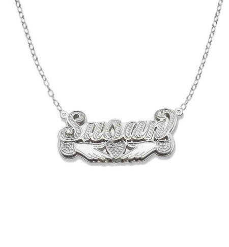 Script Heart with Hands. 925 Sterling Silver Double Nameplate Necklace - Bargain Bazaar Jewelry