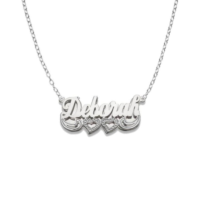 Script Two Hearts Design 925 Sterling Silver Double Nameplate Necklace