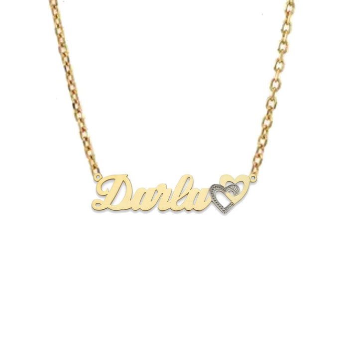 Script with Two Hearts Gold Nameplate Necklace. The necklace is available in 10K and 14K Gold with rolo chain (16", 18"). The approximate weight is: - 3gr in Large size - 2gr in Small size. 