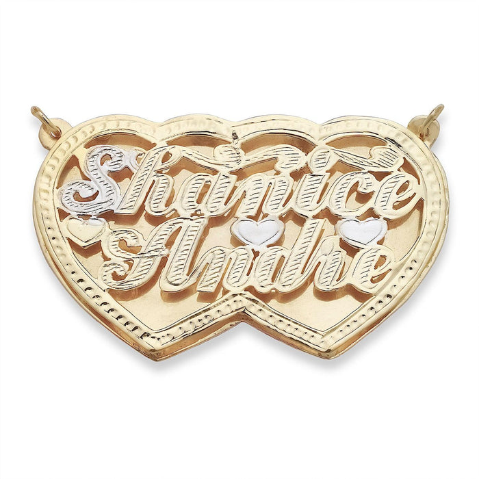 Hearts Gold Two Names Script Diamond Cut Double Nameplate Necklace
