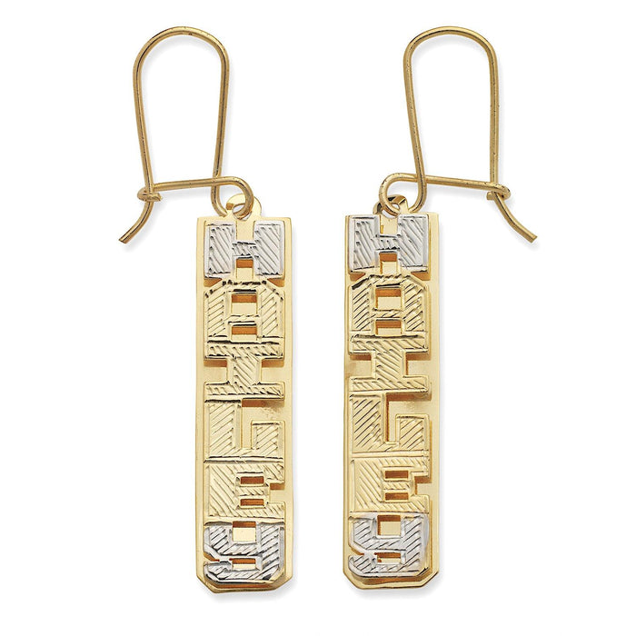 Vertical Block Double Nameplate Gold Earrings