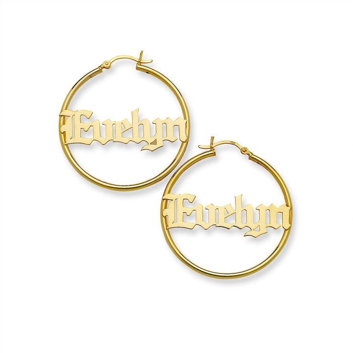 Gothic Name Hoop Gold 10K Earrings