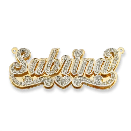 Script Heart Gold Double Nameplate Necklace with Diamonds/CZ Stone