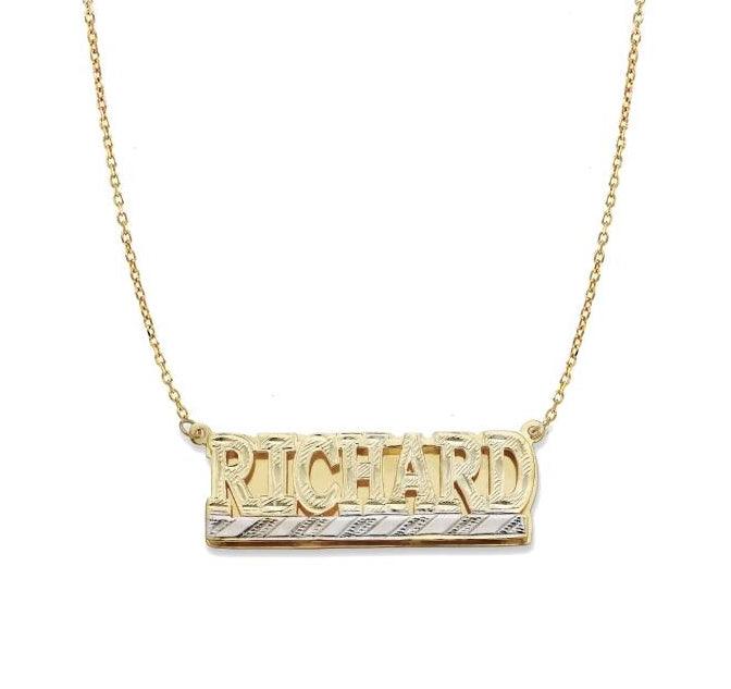 Block Gold Double Nameplate Diamond Cut Necklace